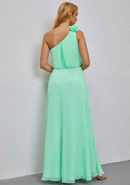 Elegant Green Chiffon A-line One-Shoulder Shoulder 3D Flower Sleeveless With Ruffles Affordable Floor-Length Bridesmaid Dress