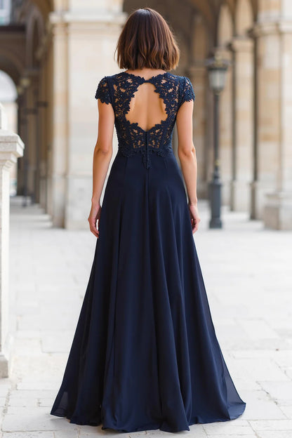 Elegant Dignified Navy Chiffon A-Line Round Neck with Appliques Cap Sleeve Backless Long Wedding Guest Dress For Women Hot Sale Mother of the Bride Dress