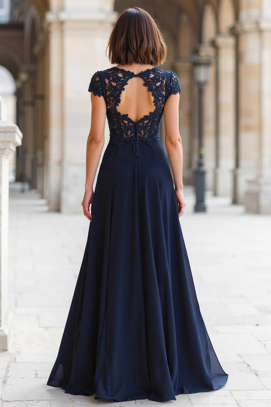 Elegant Dignified Navy Chiffon A-Line Round Neck with Appliques Cap Sleeve Backless Long Wedding Guest Dress For Women Hot Sale Mother of the Bride Dress