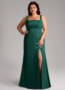Wedding Guests Dresses Emerald A-Line Square Neck Bow Strap Sleeveless Side Fork Backless Floor-Length Fashion Plus Size Formal Dress Discount Hot Sale Prom Dress