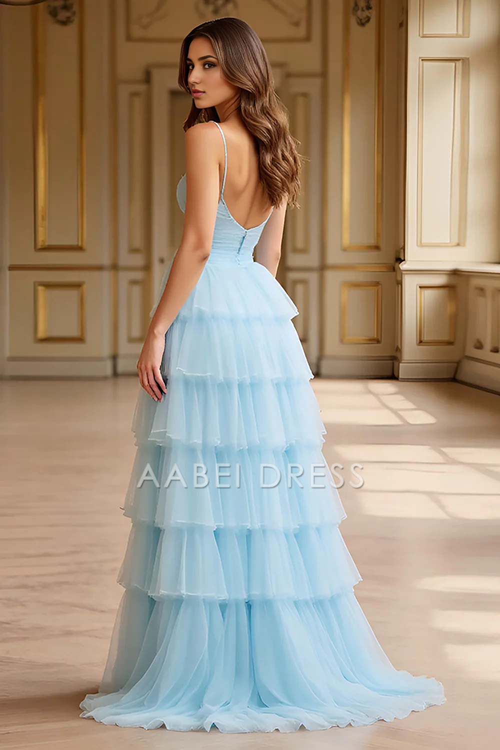 AABEI DRESS Hot Sale Prom Dress Romantic A Line Spaghetti Straps Sweetheart Backless Ruched Tiered Long With Slit Formal Dress