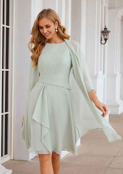 Classic Wedding Guest Dresses Mint Green Chiffon A-line Scoop Neck Pleated With 3/4 Long Sleeve Jacket Two-Piece Knee-Length Bargain Mother of the Bride Dress