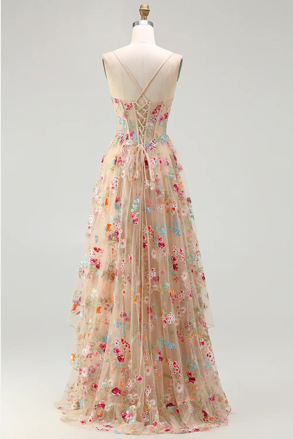 Luxury Prom Dress Sparkly Champagne A-Line Corset Spaghetti Strap Sweetheart Neckline Sleeveless Beading Flowers Tiers Ruffles Side Fork Backless Bargain Long Wedding Guest Dress