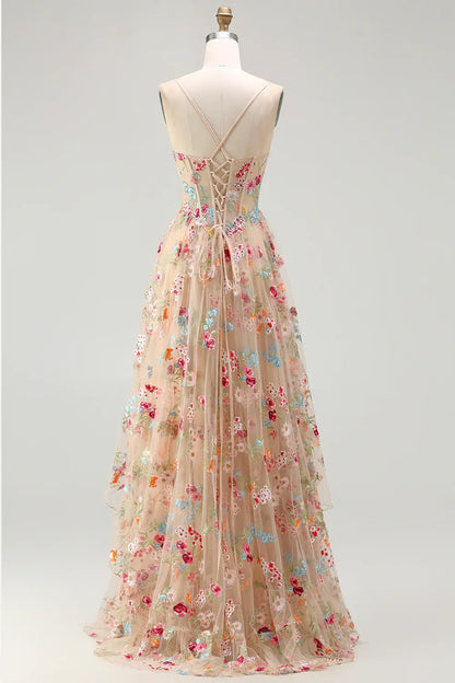Luxury Prom Dress Sparkly Champagne A-Line Corset Spaghetti Strap Sweetheart Neckline Sleeveless Beading Flowers Tiers Ruffles Side Fork Backless Bargain Long Wedding Guest Dress