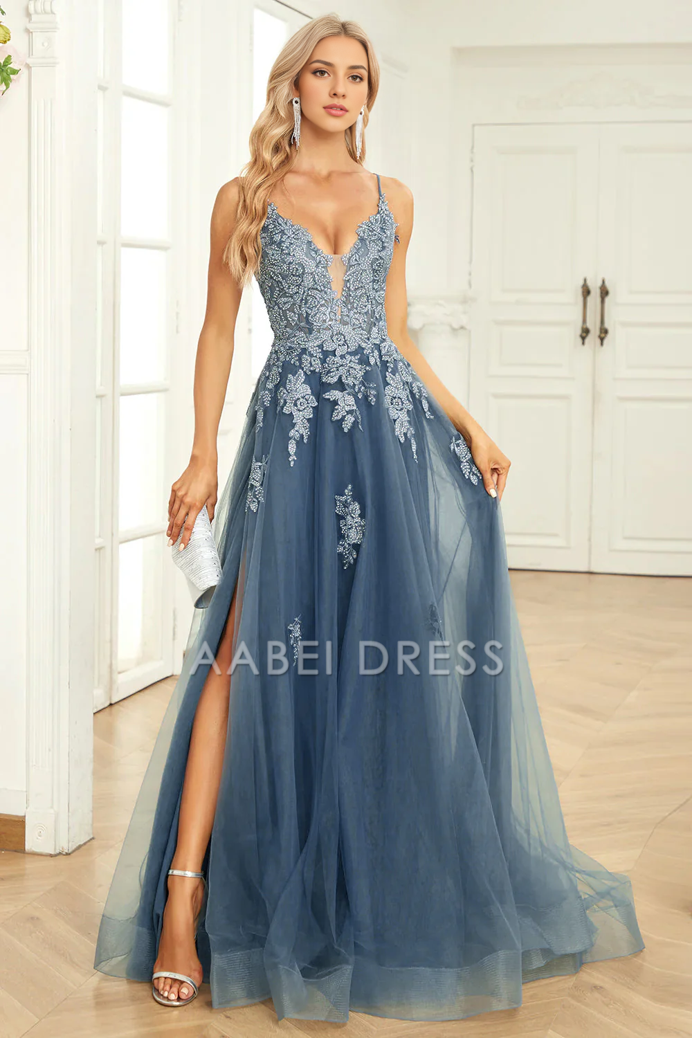AABEI DRESS Hot Sale Prom Dress Charming A Line V Neck Spaghetti Straps Appliques Backless Side Fork Long Party Dress