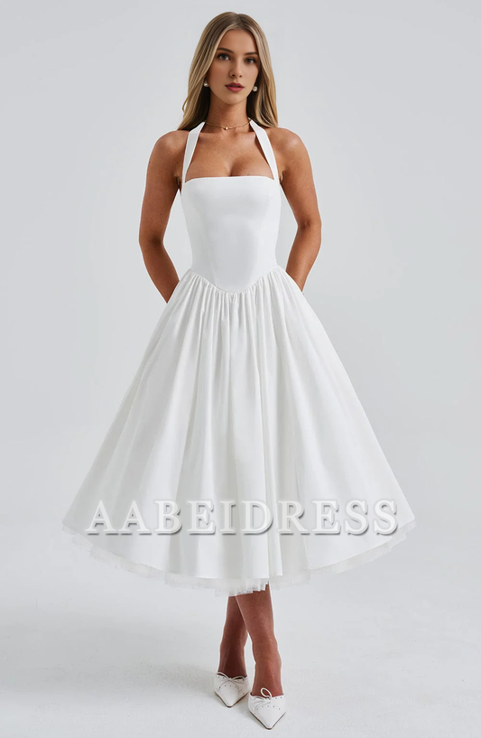 Formal Wear Dresses Prom Dresses A Line Square Neckline Halter Tea-Length Dresses Elegant Youthful Wedding Guests Dresses