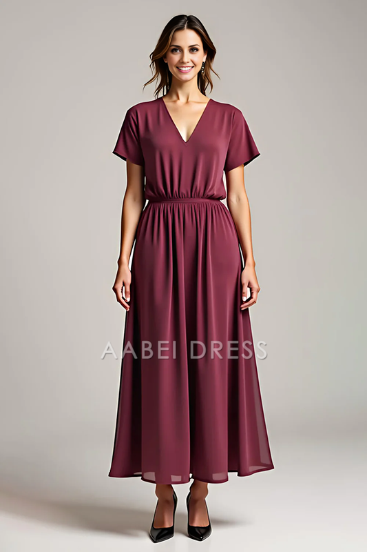 AABEI DRESS Mother Of The Bride Dress Chiffon A Line V Neck Short Sleeve Simple Long Formal Wear Dresse