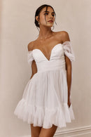 Elegant A Line Off-Shoulder V Neck Lace-Up Back Ruched White Cute Mini Dress Hot Sale Homecoming Dress