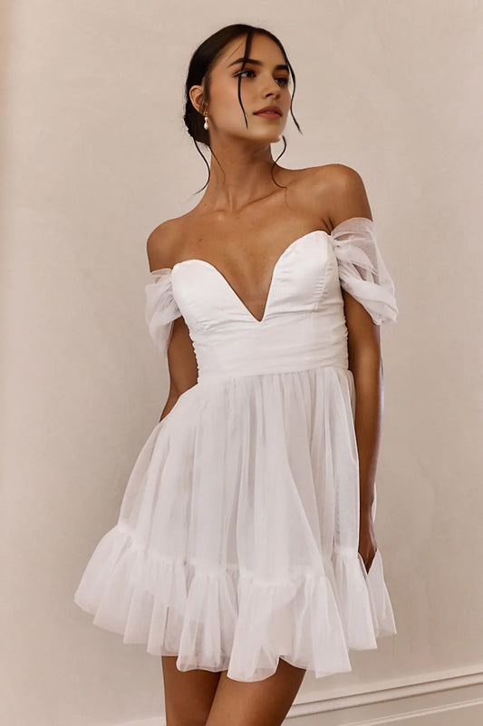 Elegant A Line Off-Shoulder V Neck Lace-Up Back Ruched White Cute Mini Dress Hot Sale Homecoming Dress