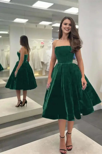 Elegant Formal Women's Dresses Simple Black A Lin Strapless Sleeveless Tea Length Ruched Hem Affordable Prom Dress