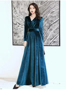 Teal V Neck Long Sleeve Velvet A Line Evening Dress With Sash