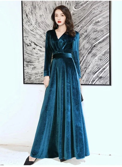 Teal V Neck Long Sleeve Velvet A Line Evening Dress With Sash