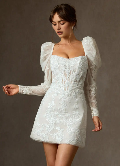 Fashion White A-Line Square Neck Detachable Long Sleeves Lace Applique Backless Exquisite Hot Sale Short Wedding Dress