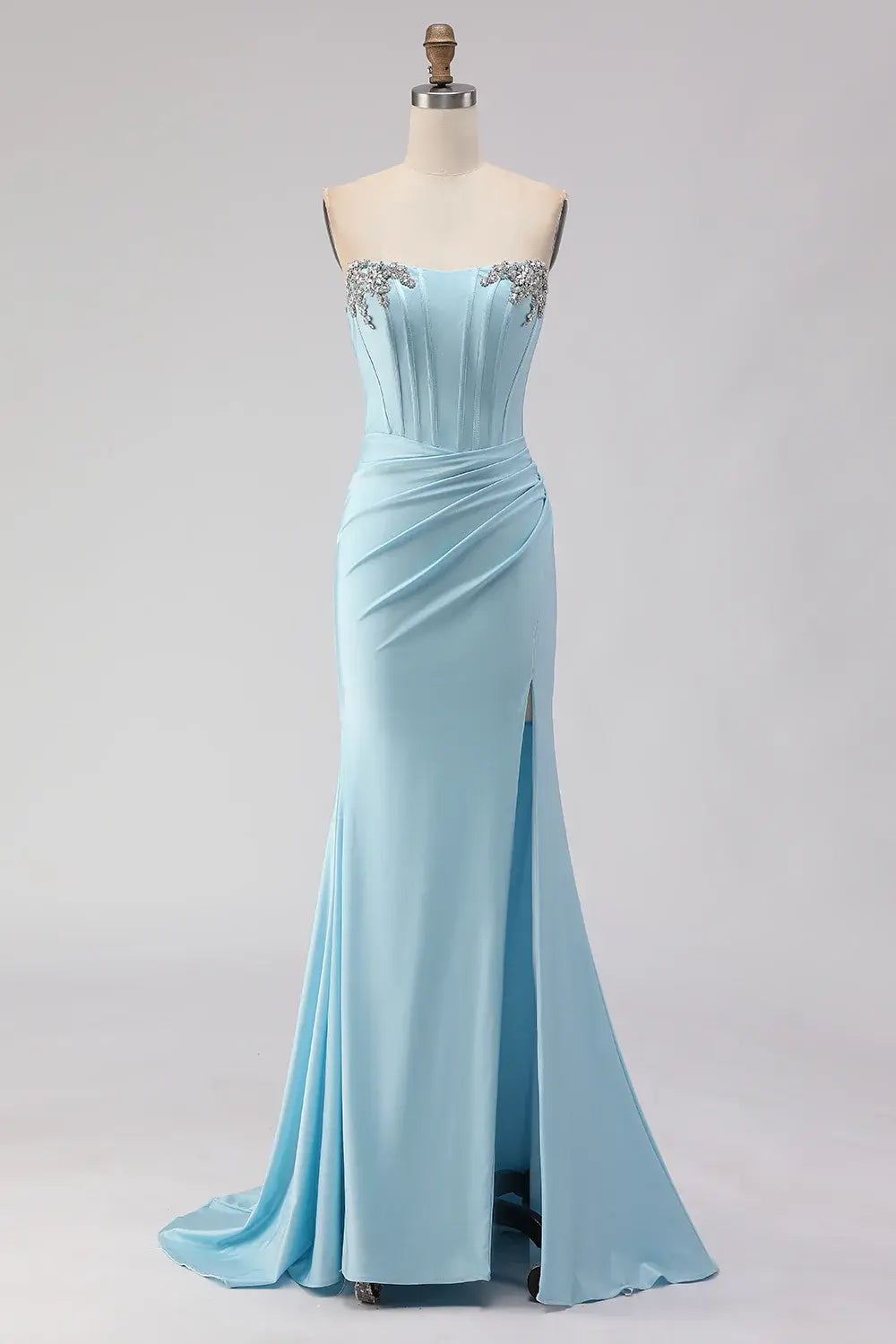 Exquisite Prom Dress Sky Blue Sheath Strapless Beaded Corset Sleeveless Pleated with Slit Backless Bargain Long Wedding Guest Dress