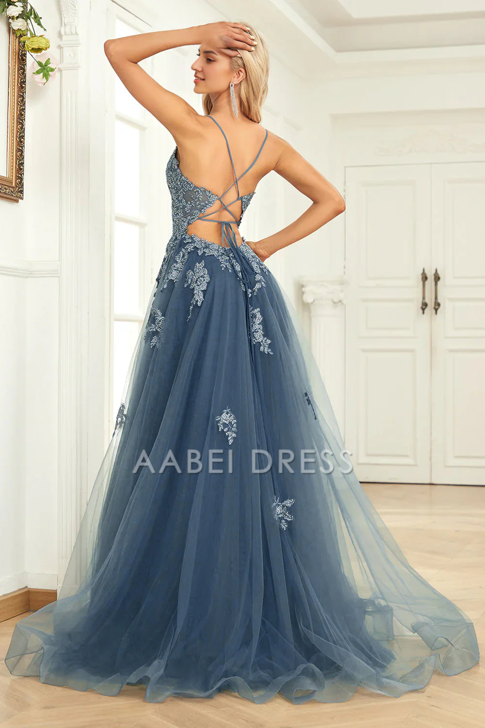 AABEI DRESS Hot Sale Prom Dress Charming A Line V Neck Spaghetti Straps Appliques Backless Side Fork Long Party Dress