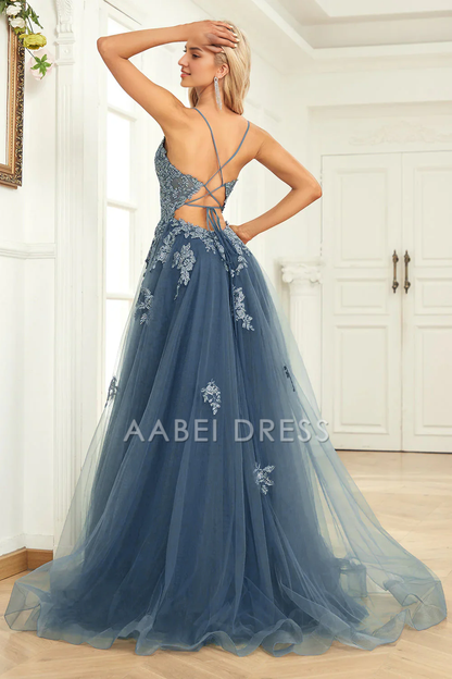 AABEI DRESS Hot Sale Prom Dress Charming A Line V Neck Spaghetti Straps Appliques Backless Side Fork Long Party Dress