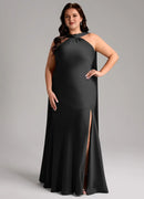Wedding Guests Dresses Elegant Black Mermaid Halter Cape Sleeveless Side Slit Floor-Length Charming Plus Size Formal Dress Discount Hot Sale Prom Dress
