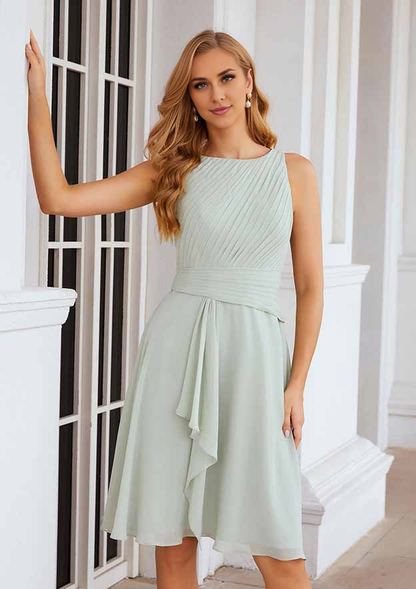 Classic Wedding Guest Dresses Mint Green Chiffon A-line Scoop Neck Pleated With 3/4 Long Sleeve Jacket Two-Piece Knee-Length Bargain Mother of the Bride Dress