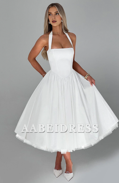 Formal Wear Dresses Prom Dresses A Line Square Neckline Halter Tea-Length Dresses Elegant Youthful Wedding Guests Dresses