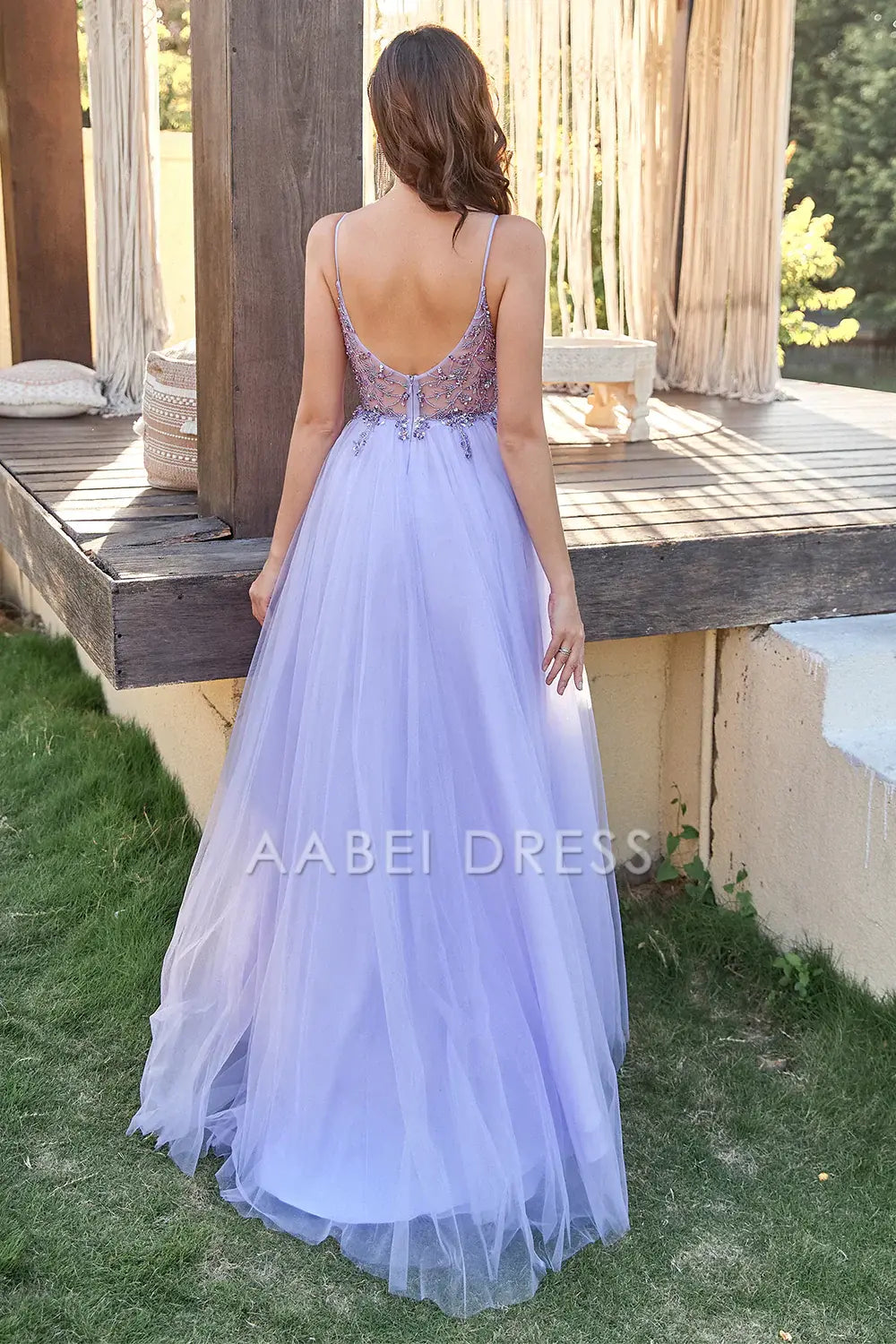 AABEI DRESS Hot Sale Prom Dress Gorgeous Tulle A-Line Spaghetti Strap Backless Side Fork Formal Dress