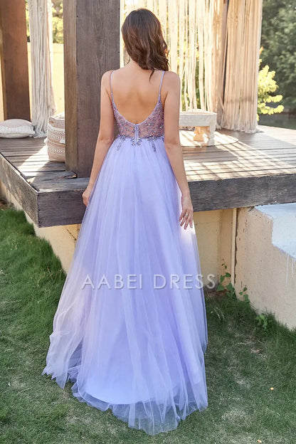 AABEI DRESS Hot Sale Prom Dress Gorgeous Tulle A-Line Spaghetti Strap Backless Side Fork Formal Dress