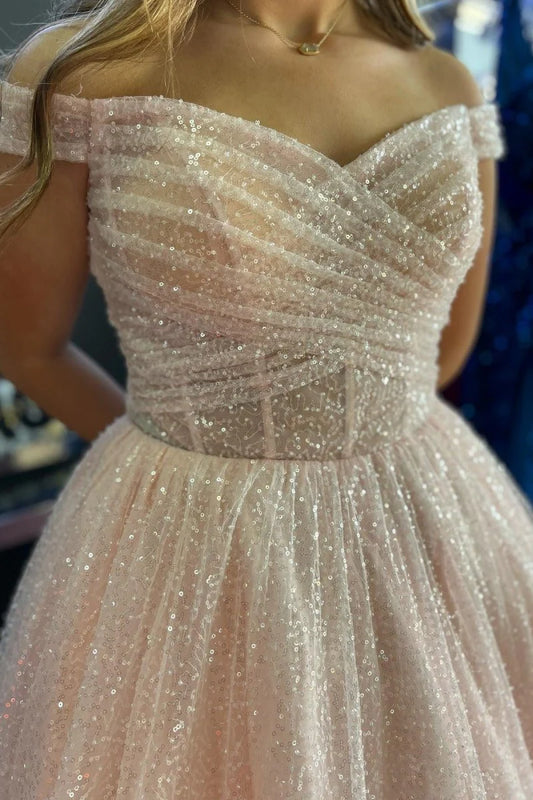 Sparkly Blush A Line Off-the-Shoulder V Neck Pleated Surplice Sparkle Sweet Wedding Guest Dress Long Hot Sale Prom Dresses