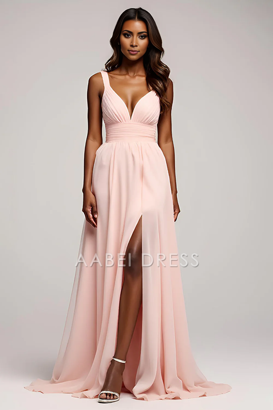 AABEI DRESS Hot Sale Prom Dress Elegant A Line Deep V-Neck Pleated Simple Long With Slit Formal Dress