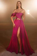 Elegant Formal Women's Dresses Pretty Fuchsia A Line Off the Shoulder Sleeveless Pleated Split with Belt Bow Metal Fashion Floor Length Affordable Prom Dress