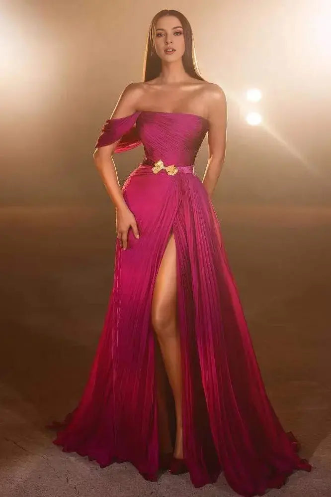 Elegant Formal Women's Dresses Pretty Fuchsia A Line Off the Shoulder Sleeveless Pleated Split with Belt Bow Metal Fashion Floor Length Affordable Prom Dress