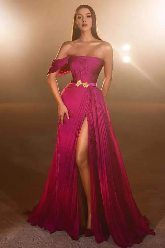 Elegant Formal Women's Dresses Pretty Fuchsia A Line Off the Shoulder Sleeveless Pleated Split with Belt Bow Metal Fashion Floor Length Affordable Prom Dress