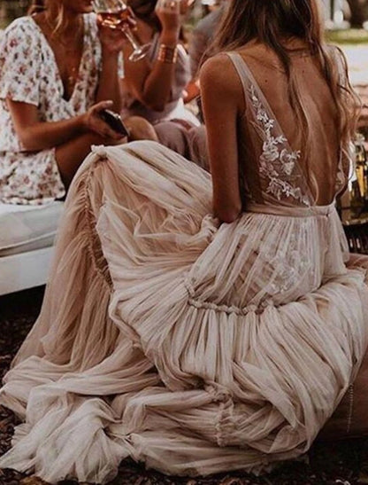 Beach Sexy V Neck Sleeveless Floor Length Tulle Bridal Gowns With Wedding Dresses