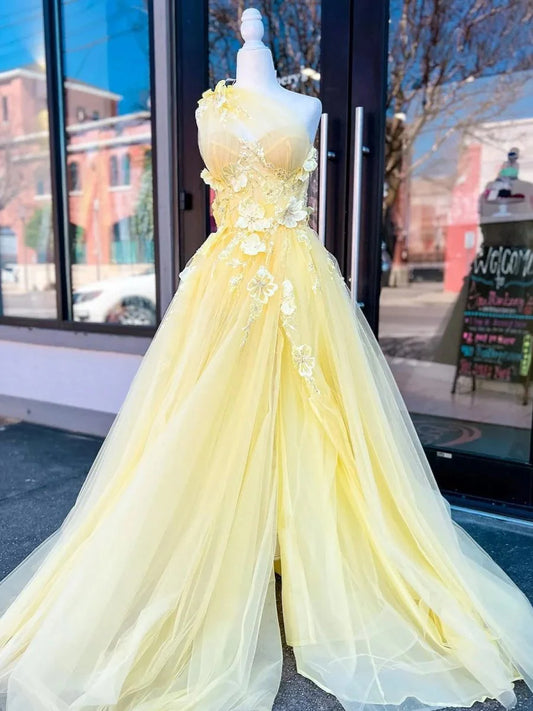 Light Yellow Romantic A Line One Shoulder Sweetheart Neckline Sleeveless 3D Appliques Beading with Slit Exquisite Wedding Guest Dress Long Hot Sale Prom Dresses