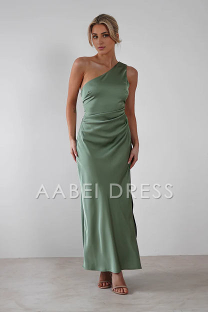 AABEI DRESS Prom Dress Satin One-Shoulder Ruched Waist Side Fork Simple Exquisite Dress