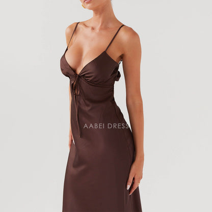 AABEI DRESS Elegant Solid Color Adjustable Thin Shoulder Straps Cutout Tie-Up Front Backless sexy Long Prom Dresses