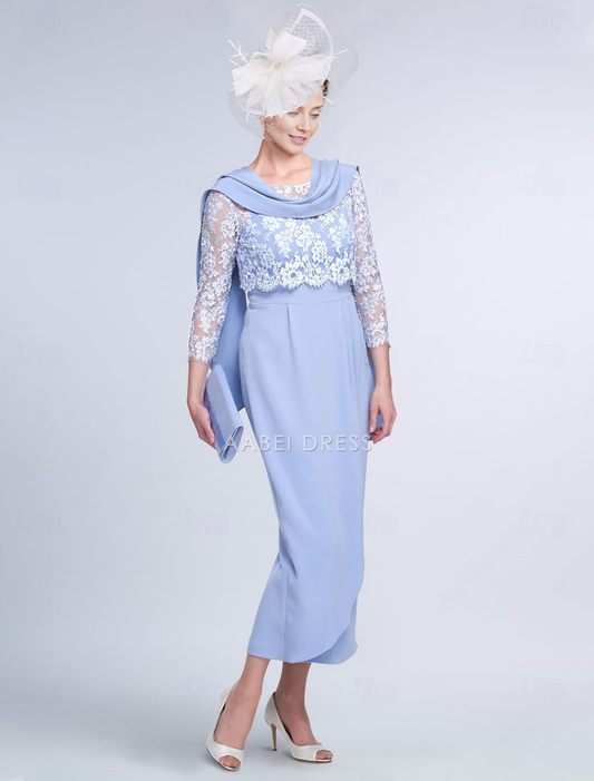 AABEI DRESS Wedding Guest Dress Elegant Sheath Jewel Neck 3/4 Length Sleeve Tea Length Wrap Included Jacket Dresses with Lace Fashion Two Piece Mother of the Bride Dress