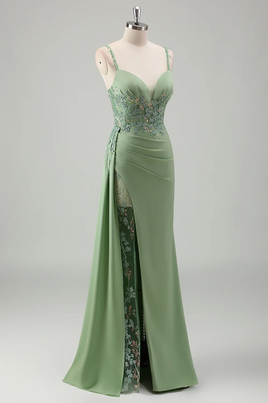 Sparkly Light Green Party Dress Sheath Spaghetti Straps V Neck Pleated Sequin Lace Applique with Slit Exquisite Long Hot Sale Prom Dresses