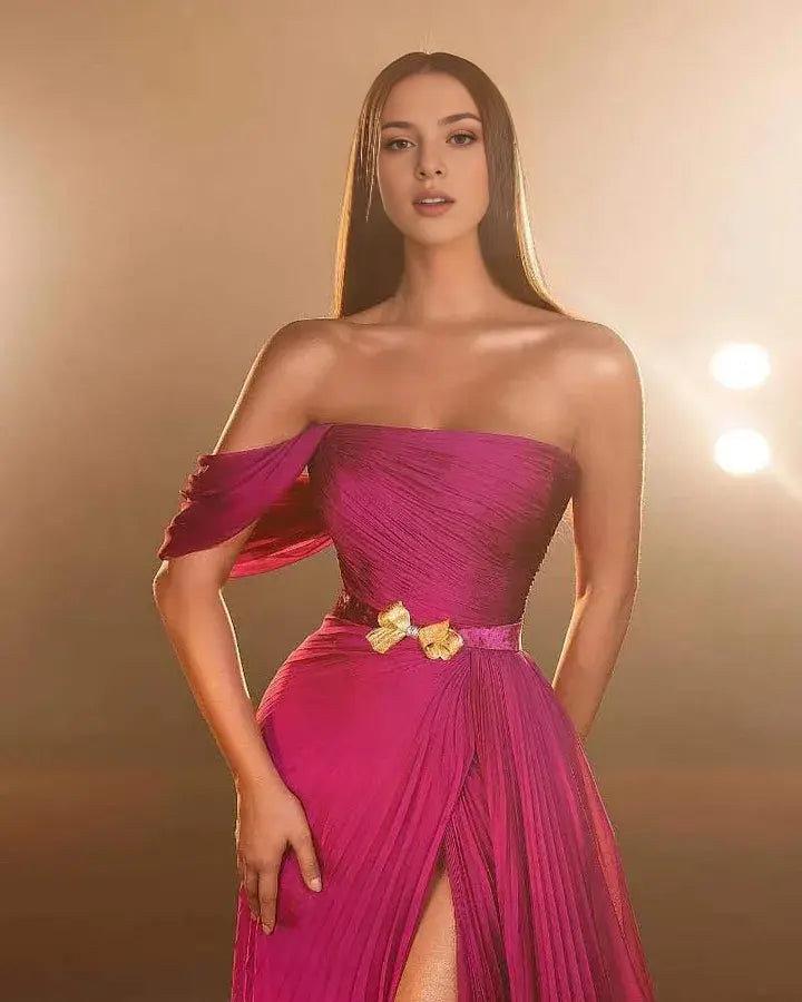 Elegant Formal Women's Dresses Pretty Fuchsia A Line Off the Shoulder Sleeveless Pleated Split with Belt Bow Metal Fashion Floor Length Affordable Prom Dress