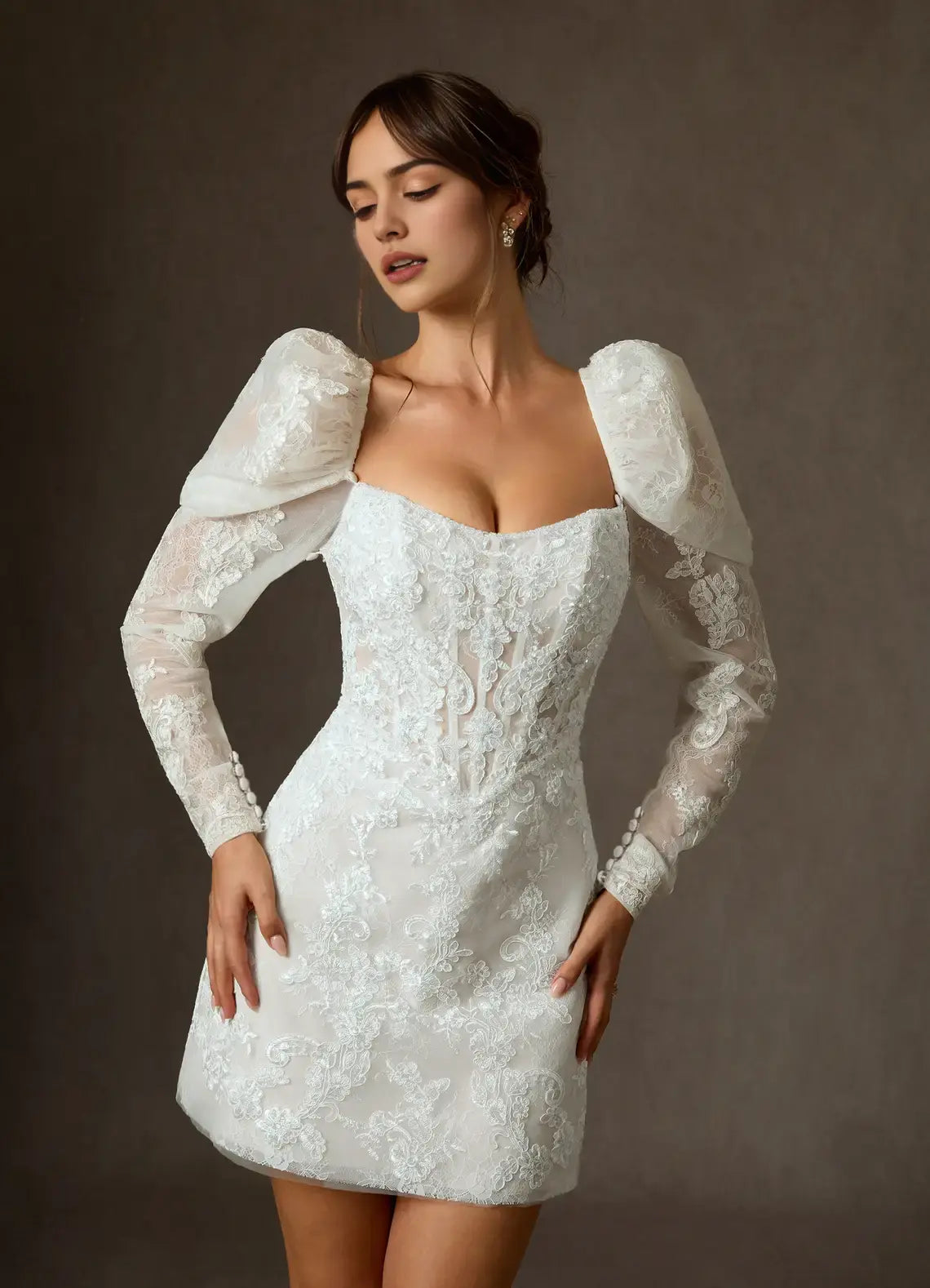 Fashion White A-Line Square Neck Detachable Long Sleeves Lace Applique Backless Exquisite Hot Sale Short Wedding Dress
