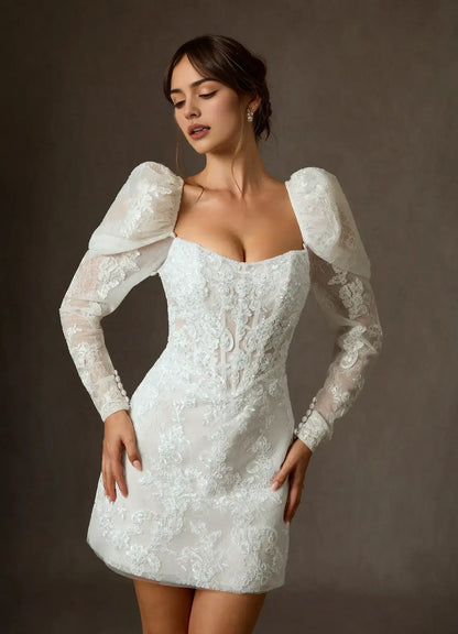 Fashion White A-Line Square Neck Detachable Long Sleeves Lace Applique Backless Exquisite Hot Sale Short Wedding Dress