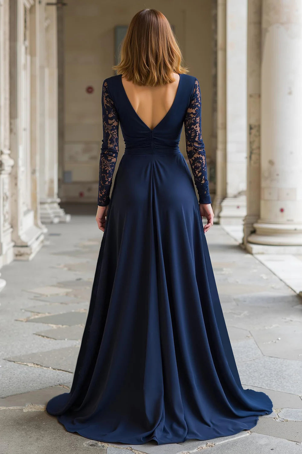 Simple Navy Chiffon A-Line Deep V-Neck with Lace Long Sleeves V Back Pleated Elegant Long Wedding Guest Dress For Women Hot Sale Mother of the Bride Dress