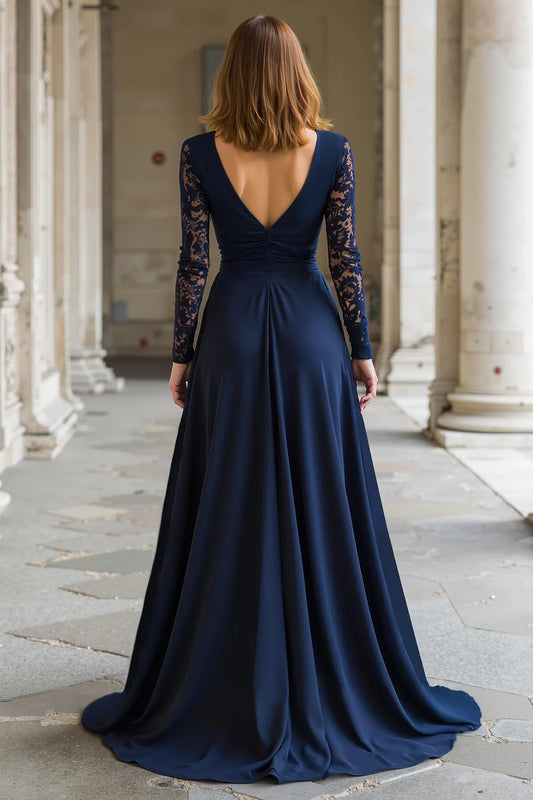 Simple Navy Chiffon A-Line Deep V-Neck with Lace Long Sleeves V Back Pleated Elegant Long Wedding Guest Dress For Women Hot Sale Mother of the Bride Dress