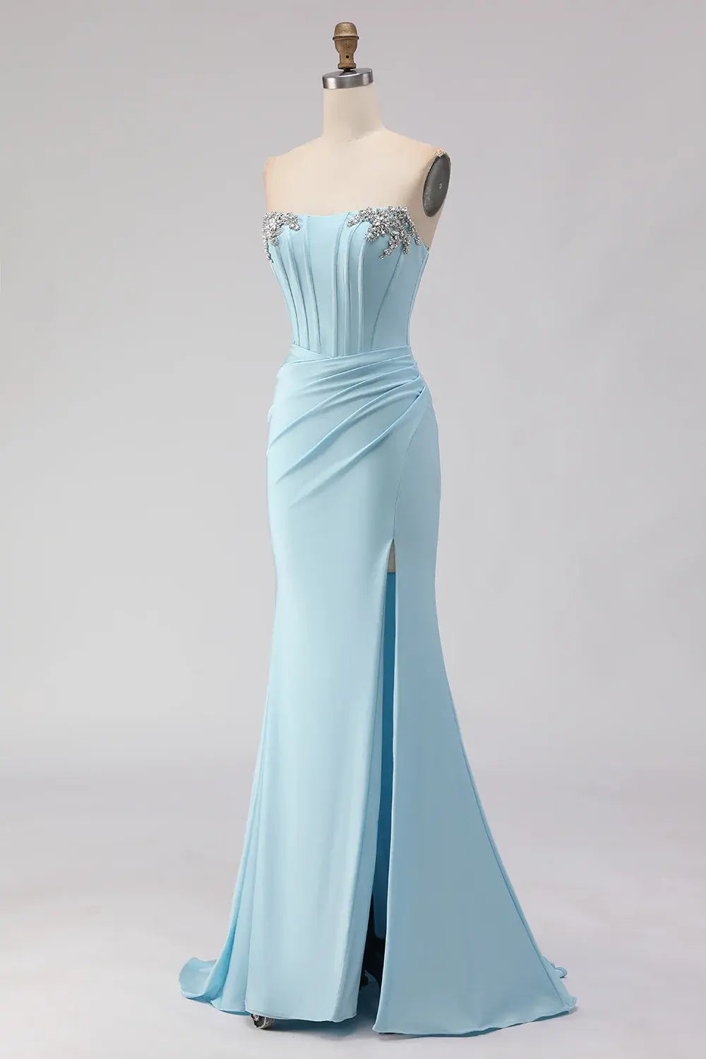 Exquisite Prom Dress Sky Blue Sheath Strapless Beaded Corset Sleeveless Pleated with Slit Backless Bargain Long Wedding Guest Dress