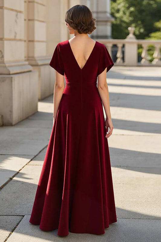 Wedding Guest Dress Burgundy A Line V-Neck Pleated Floral Decoration with Short Sleeves V Back Elegant Hot Sale Long Mother of the Bride Dress