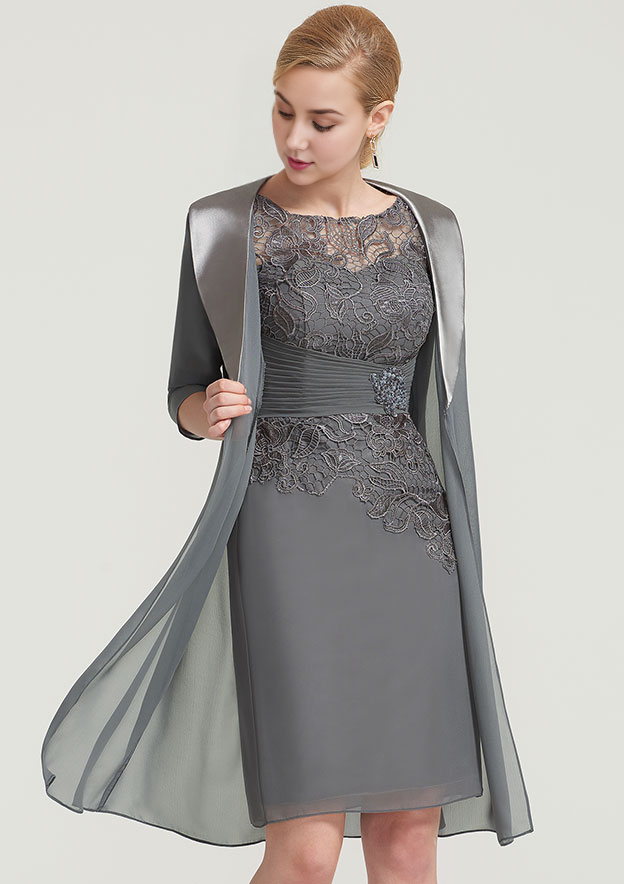 Elegant Wedding Guest Dresses Chiffon Sheath/Column Boat Neck Half Sleeve Pleated Lace Appliqued With Jacket Knee-Length Bargain Mother of the Bride Dress