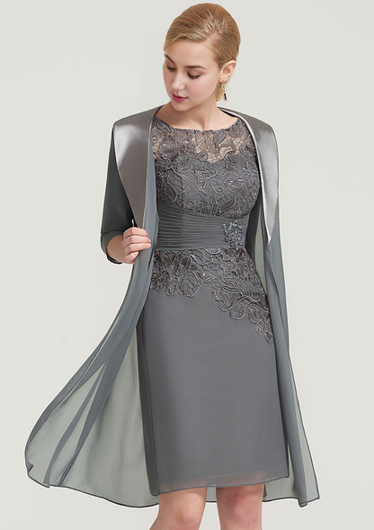 Elegant Wedding Guest Dresses Chiffon Sheath/Column Boat Neck Half Sleeve Pleated Lace Appliqued With Jacket Knee-Length Bargain Mother of the Bride Dress
