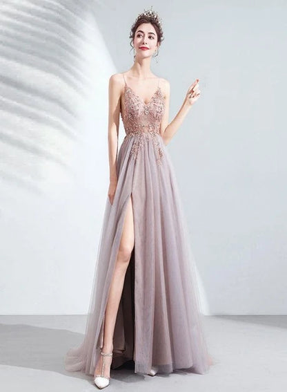 Dusty Rose Spaghetti Strap V Neck Tulle Prom Dress Beaded Bodice With Side Slit