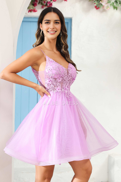 AABEI DRESS Short Dress Fashion A Line V Neck Spaghetti Straps Backless See-Through Applique Charming New Homecoming Dress