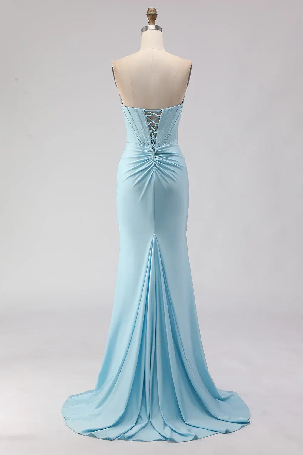 Exquisite Prom Dress Sky Blue Sheath Strapless Beaded Corset Sleeveless Pleated with Slit Backless Bargain Long Wedding Guest Dress