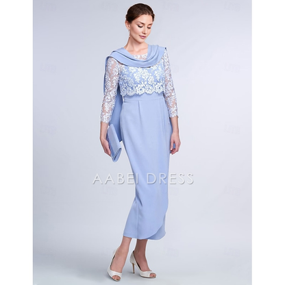 AABEI DRESS Wedding Guest Dress Elegant Sheath Jewel Neck 3/4 Length Sleeve Tea Length Wrap Included Jacket Dresses with Lace Fashion Two Piece Mother of the Bride Dress