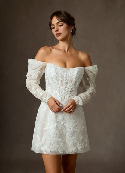 Fashion White A-Line Square Neck Detachable Long Sleeves Lace Applique Backless Exquisite Hot Sale Short Wedding Dress